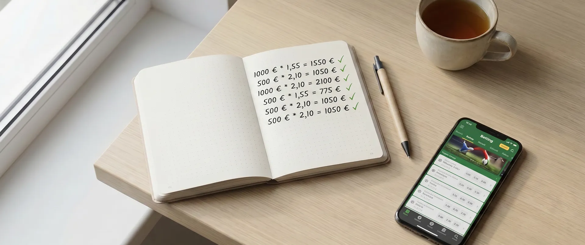 Carnet avec calculs de mises et cotes sur téléphone