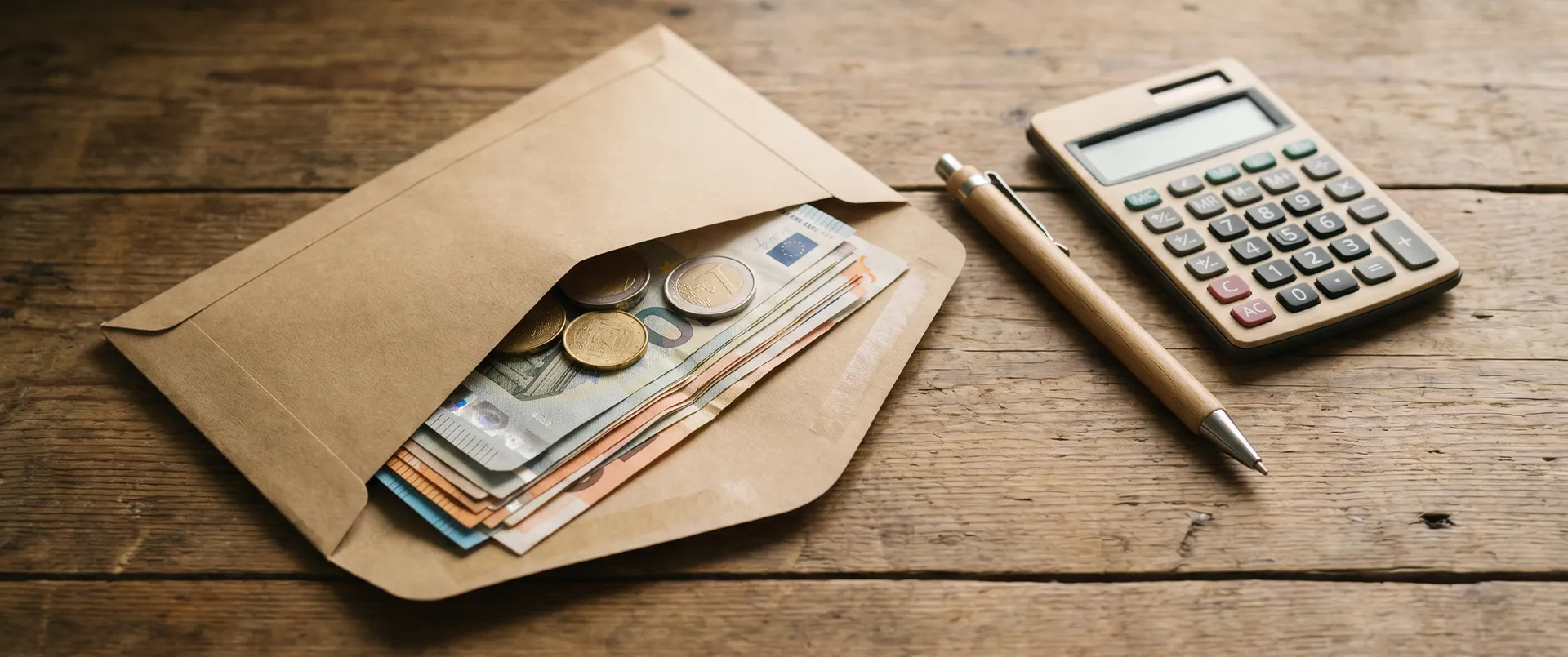 Enveloppe, calculatrice et notes sur un bureau en bois